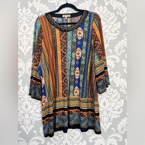 Faith and Joy Geometric Printed Beaded Neckline Top
